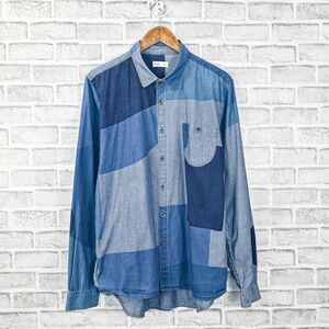 FOLK Clothing Men's Patchwork Indigo Denim Button Down Shirt size 5